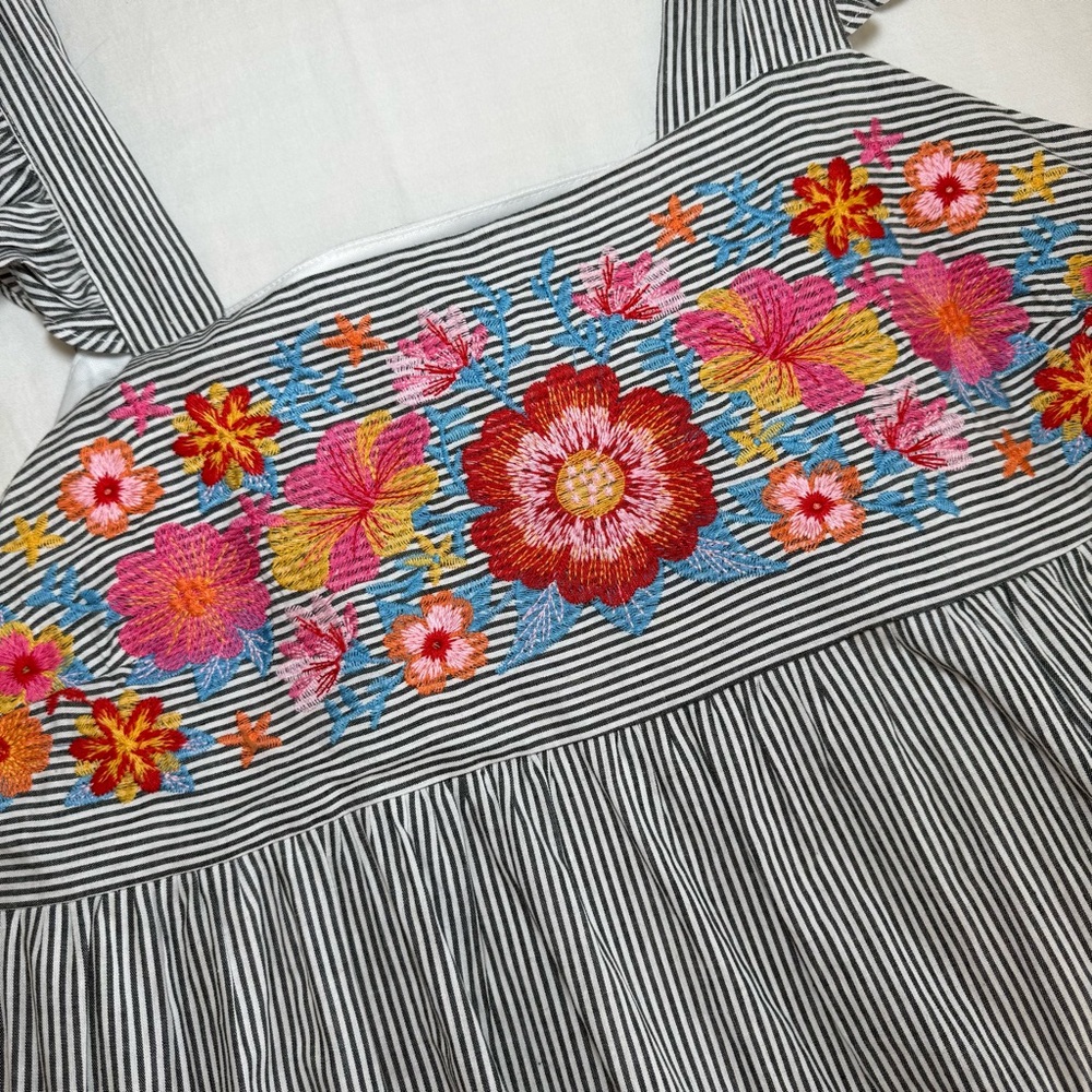 Savanna Jane Dress Large Floral Embroidered Striped Blue Ruffle Shift Travel - Picture 3 of 11